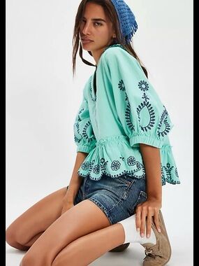Free People Mint Green Embroidered Peplum Top - without tags